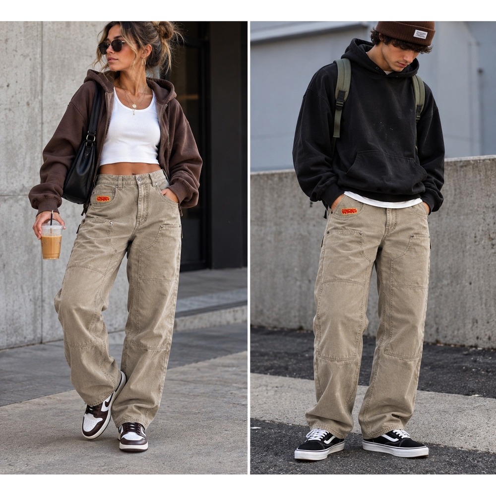 Empyre Pants Tan Khaki Cotton Canvas Double Knee Workwear Relaxed Fit 32